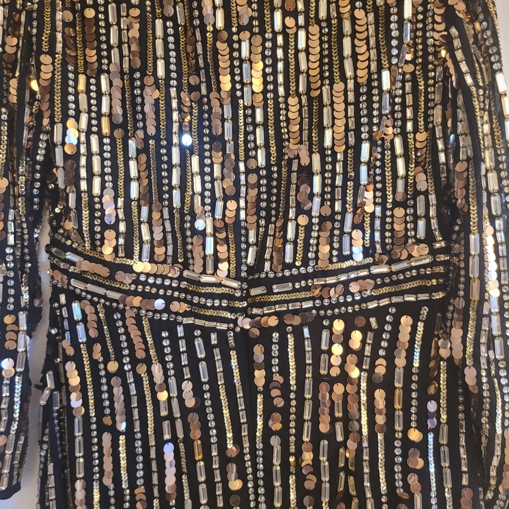 Mac duggal long sleeve embellished midi column dress black gold